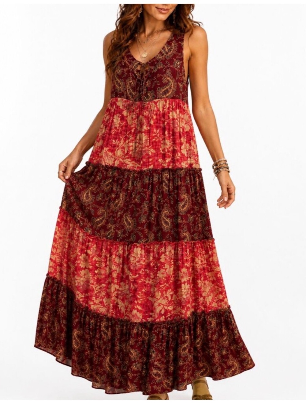 Denim & Supply Ralph Lauren Womens Large Red Multi Tiered Maxi Dress Bohemian